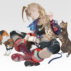 Rule 34 | 1girl, blonde hair, blue eyes, boots, breasts, cammy white, cat, crop top, highres, jacket, lucaxu1991, medium breasts, one eye closed, pants, short hair, sitting, street fighter, street fighter 6