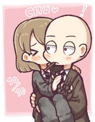 Rule 34 | !, &gt; &lt;, 1boy, 1girl, bald, black necktie, blush, brown jacket, closed eyes, closed mouth, collared shirt, commentary request, constricted pupils, employee (project moon), grey eyes, grey jacket, grey pants, hatake shimeji, hetero, jacket, kiss, kissing cheek, light brown hair, lobotomy corporation, long sleeves, lowres, medium hair, necktie, pants, project moon, shirt, white shirt