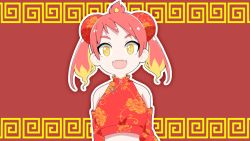 Rule 34 | 1girl, :d, bare shoulders, blonde hair, bun cover, chinese clothes, commentary request, crop top, detached sleeves, double bun, fangs, floral print, gyari (imagesdawn), highres, hikasa tomoshika, meandros, multicolored hair, official art, open mouth, print shirt, red background, red hair, red shirt, red sleeves, shirt, sleeveless, sleeveless shirt, smile, solo, twintails, two-tone hair, upper body, virtual youtuber, voms, yellow eyes
