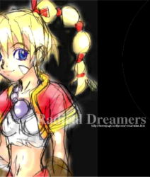 Rule 34 | 1girl, blue eyes, blush, braid, brown gloves, chrono (series), chrono cross, elbow gloves, gloves, jacket, jewelry, kid (chrono cross), looking at viewer, lowres, midriff, multi-tied hair, navel, necklace, open clothes, open jacket, pearl necklace, ponytail, short sleeves, single braid, solo, stomach, upper body