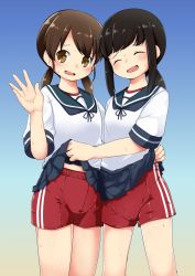 Rule 34 | 2girls, black hair, blue background, blue sailor collar, blue skirt, brown eyes, brown hair, clothes lift, commentary request, commission, cowboy shot, fubuki (kancolle), highres, kantai collection, long hair, looking at viewer, low ponytail, low twintails, multiple girls, nassukun, parted bangs, pleated skirt, ponytail, red shorts, sailor collar, school uniform, serafuku, shirayuki (kancolle), short ponytail, short twintails, shorts, shorts under skirt, sidelocks, skeb commission, skirt, skirt lift, smile, twintails