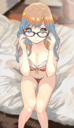 Rule 34 | 1girl, adjusting eyewear, bed, blue-framed eyewear, blue eyes, blue hair, blush, bow, bow bra, bra, breasts, brown bra, brown hair, brown panties, cleavage, closed mouth, eyelashes, futon, glasses, hands up, indoors, knees together feet apart, lace, lace-trimmed bra, lace trim, long hair, looking at viewer, medium breasts, multicolored hair, original, panties, ran&#039;ou (tamago no kimi), sitting, smile, solo, thigh gap, thighs, two-tone hair, underwear, underwear only