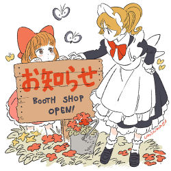 Rule 34 | 2girls, apron, black dress, black footwear, blush, bow, bowtie, brown eyes, bucket, bug, butterfly, closed mouth, commentary request, dress, english text, hair bow, hand on own hip, insect, juliet sleeves, long sleeves, multiple girls, original, ponytail, puffy sleeves, red bow, red neckwear, shoes, signature, simple background, socks, umishima senbon, white apron, white background, white legwear