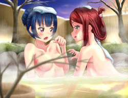 Rule 34 | 10s, 2girls, :d, :o, absurdres, bathing, blue hair, blurry, blush, breasts, bucket, clenched hand, collarbone, commentary request, completely nude, convenient censoring, depth of field, dusk, fang, folded ponytail, hair up, hand up, highres, impending grope, looking at another, love live!, love live! sunshine!!, medium breasts, multiple girls, nipples, nude, onsen, open mouth, outdoors, partially submerged, purple eyes, red hair, sakurauchi riko, same-sex bathing, shared bathing, shark yc, sidelocks, signature, smile, snow, steam, towel, towel on head, tree, tsushima yoshiko, v-shaped eyebrows, water, wet, wooden bucket, yellow eyes, yuri
