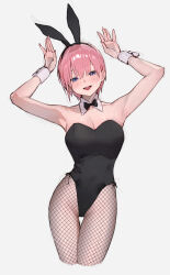 Rule 34 | 1girl, absurdres, alternate costume, animal ears, bare shoulders, black bow, black bowtie, black leotard, blue eyes, blush, bow, bowtie, detached collar, fake animal ears, fishnet pantyhose, fishnets, go-toubun no hanayome, grey background, hands up, highres, leotard, looking at viewer, nakano ichika, open mouth, pantyhose, pink hair, playboy bunny, rabbit ears, short hair, simple background, smile, solo, sooon