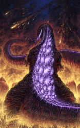Rule 34 | back, building, city, claws, destruction, dinosaur, fangs, fire, giant, giant monster, glowing, glowing mouth, glowing spikes, glowing veins, godzilla, godzilla (series), godzilla (shin), highres, kaijuu, long image, looking at viewer, looking back, monster, multiple heads, night, no humans, open mouth, profile, scales, sharp teeth, shin godzilla, solo, spikes, standing, tail, tatsuya (atelier road), teeth, toho, veins