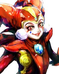 Rule 34 | 1girl, bodysuit, chest jewel, chrono cross, closed mouth, facepaint, harle (chrono cross), harlequin, hat, ikunosake, jester cap, looking at viewer, portrait, red eyes, simple background, smile, solo, white background