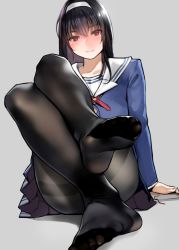 Rule 34 | 1girl, absurdres, black pantyhose, blue skirt, blush, book, buttons, closed mouth, commentary request, convenient leg, crossed legs, feet, foot focus, foreshortening, grey background, hairband, head tilt, highres, kasumigaoka utaha, knees up, long hair, long sleeves, looking at viewer, no shoes, pantyhose, pleated skirt, saenai heroine no sodatekata, school uniform, serafuku, simple background, sitting, skirt, smile, soles, solo, thighband pantyhose, toes, white hairband, yomu (sgt epper)