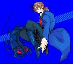 Rule 34 | 1boy, blue background, blue coat, blue footwear, boots, brown eyes, brown hair, coat, e.g.o (project moon), facial hair, gregor (project moon), hcc1bai, knees up, limbus company, long sleeves, looking at viewer, low ponytail, medium hair, project moon, shock centipede (project moon), simple background, solo, stubble