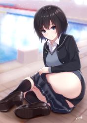 Rule 34 | 1girl, absurdres, amagami, arm support, ass, bee doushi, black eyes, black hair, black jacket, blurry, blush, bob cut, breasts, competition swimsuit, depth of field, grey skirt, highres, jacket, kibito high school uniform, loafers, looking at viewer, lying, medium breasts, nanasaki ai, on side, one-piece swimsuit, poolside, school uniform, shoe soles, shoes, short hair, simple background, sitting, skirt, smile, solo, sweater vest, swimsuit, swimsuit under clothes, yokozuwari