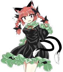 Rule 34 | 1girl, animal ears, bare legs, black bow, black dress, bow, braid, cat ears, cat tail, chups, cowboy shot, dress, fang, frilled dress, frilled sleeves, frills, green frills, long sleeves, looking at viewer, multiple tails, nail polish, red eyes, red hair, red nails, red neckwear, ribbon, solo, sweat, tail, touhou, twin braids, two tails, white background