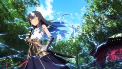 1girl armor bare_shoulders blue_eyes blue_sky blunt_bangs brown_hair building closed_mouth day electricity electrokinesis floating_hair forest game_cg gauntlets hime_cut holding holding_sheath holding_sword holding_weapon horns japanese_armor japanese_clothes juujou_hiyori katana kusazuri long_hair nature non-web_source official_art outdoors purple_skirt sheath shirt skirt sky solo standing sword toji_no_miko toji_no_miko:_kizamishi_issen_no_tomoshibi tree unsheathing weapon white_shirt