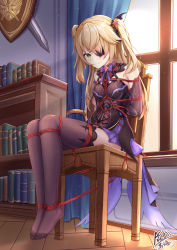 Rule 34 | 1girl, bare shoulders, bdsm, black thighhighs, blonde hair, blush, bondage, bound, bow, breasts, chair, curtains, detached sleeves, dress, eyepatch, fischl (genshin impact), frown, genshin impact, green eyes, hair over one eye, highres, indoors, long hair, looking down, medium breasts, no shoes, purple neckwear, restrained, signature, solo, thighhighs, two side up, window, yiduan zhu