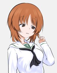 Rule 34 | 1girl, black neckerchief, blouse, boko dream, brown eyes, brown hair, commentary, girls und panzer, grey background, half-closed eyes, hand in own hair, highres, long sleeves, looking to the side, motion lines, neckerchief, nishizumi miho, ooarai school uniform, parted lips, sailor collar, school uniform, serafuku, shirt, short hair, simple background, smile, solo, upper body, white sailor collar, white shirt