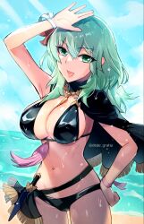 Rule 34 | 1girl, :d, arm up, bare arms, bare shoulders, beach, belt, bikini, black belt, black bikini, black capelet, blue sky, breasts, byleth (female) (fire emblem), byleth (female) (summer) (fire emblem), byleth (fire emblem), capelet, cleavage, cloud, commentary request, cowboy shot, dagger, day, fire emblem, fire emblem: three houses, fire emblem heroes, green eyes, green hair, hand on own hip, highres, knife, large breasts, long hair, looking at viewer, navel, nintendo, ocean, official alternate costume, open mouth, ribbon, scabbard, sheath, sheathed, sky, smile, solo, standing, stomach, swimsuit, thighs, weapon, wrist ribbon, yomusugara (uzo-muzo)