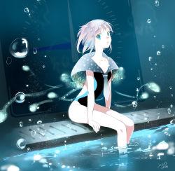 Rule 34 | 1girl, aqua eyes, arm support, breasts, clock, collarbone, jus1128, looking at viewer, one-piece swimsuit, original, personification, ripples, sailor collar, short hair, sitting, small breasts, soaking feet, solo, swimsuit, tentacles, water, water drop, white hair