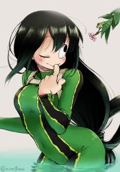 Rule 34 | 10s, 1girl, :&gt;, aiue0, asui tsuyu, black eyes, black hair, blush, bodysuit, boku no hero academia, breasts, commentary request, flower, frog, frog girl, graphite (medium), green bodysuit, hair rings, highres, in water, long hair, long tongue, low-tied long hair, millipen (medium), one eye closed, partially submerged, religious offering, smile, solo, tongue, traditional media, wading, water