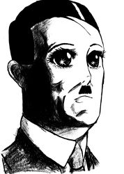 Rule 34 | 1boy, adolf hitler, animification, facial hair, greyscale, male focus, moe (phrase), monochrome, mustache, politician, real life, real life insert, sdshamshel, solo, toothbrush mustache, what