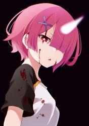 Rule 34 | 1girl, black background, black sleeves, blood, blood on clothes, blood on face, blunt bangs, borrowed clothes, from side, hair ornament, hair over one eye, highres, horns, open mouth, pink hair, ram (re:zero), re:zero kara hajimeru isekai seikatsu, red eyes, shirt, short hair, short sleeves, simple background, single horn, solo, triangle mouth, upper body, white shirt, x hair ornament, yasehattagi