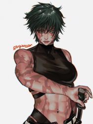 Rule 34 | 1girl, abs, breasts, burn scar, crop top, green hair, highres, holding, holding sword, holding weapon, jujutsu kaisen, katana, looking at viewer, medium breasts, midriff, muscular, muscular female, navel, navel piercing, piercing, scar, scar on arm, scar on stomach, short hair, simple background, solo, spiked hair, sword, weapon, white background, yellow eyes, zen&#039;in maki, zu yuan cesar