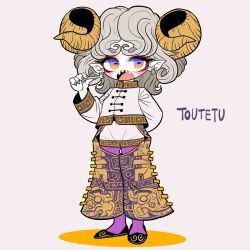 Rule 34 | 1girl, arm behind back, bone, character name, chinese clothes, crotchless, crotchless pants, curly hair, earrings, eyeshadow, fingernails, grey hair, horizontal pupils, horns, jewelry, makeup, mandarin collar, open mouth, original, pants, pointy ears, purple eyes, rectangular pupils, sharp fingernails, sharp teeth, sheep horns, shorts, slippers, solo, teeth, thighhighs, touhou, toutetsu yuuma, yellow horns, yt (wai-tei)