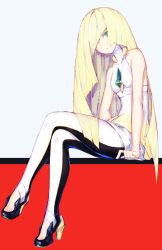 Rule 34 | 1girl, bare shoulders, blonde hair, breasts, closed mouth, commentary request, creatures (company), crossed legs, dress, full body, game freak, green eyes, hair over one eye, high heels, highres, labombardier!, long hair, looking at viewer, lusamine (pokemon), nintendo, pokemon, pokemon sm, revision, sitting, sleeveless, sleeveless dress, small breasts, smile, solo, very long hair, white dress