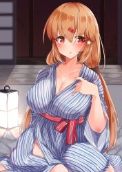 Rule 34 | 1girl, absurdres, bath yukata, breasts, brown hair, cleavage, commentary request, hair ornament, hairclip, highres, japanese clothes, kantai collection, kimono, komb, lamp, large breasts, long hair, looking at viewer, low twintails, parted lips, red eyes, sitting, sliding doors, solo, star (symbol), striped clothes, striped kimono, tashkent (kancolle), twintails, wooden floor, yokozuwari, yukata