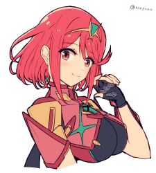 Rule 34 | 1girl, bob cut, chest jewel, dangle earrings, earrings, fingerless gloves, gloves, hand in own hair, highres, impossible clothes, jewelry, mochimochi (xseynao), pyra (xenoblade), red eyes, red hair, short hair, short sleeves, smile, solo, swept bangs, tiara, twitter username, upper body, white background, xenoblade chronicles (series), xenoblade chronicles 2
