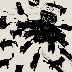 Rule 34 | animal, animal focus, avogado6, black cat, bottle, cat, nib pen (object), greyscale, ink, ink bottle, monochrome, no humans, original, paper, pen, spill, too many, too many cats