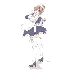 Rule 34 | 1girl, absurdres, alternate costume, alternate legwear, apron, aquila (kancolle), blue dress, blue eyes, bra, bra peek, bra visible through clothes, braid, breasts, cake, dress, drill hair, drill sidelocks, eating, enmaided, food, fork, full body, high ponytail, highres, holding, holding plate, kantai collection, large breasts, long hair, looking at viewer, looking back, maid, maid apron, maid headdress, medium breasts, musical note, orange hair, pink bra, plate, ribbon-trimmed thighhighs, ribbon trim, see-through, see-through shirt, sidelocks, solo, spoken musical note, tada (tactical tada), tasting, thighhighs, underwear, wavy hair, white apron, white background, white thighhighs, yellow eyes