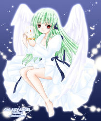 Rule 34 | 00s, 1girl, angel wings, artist name, barefoot, candlestand, character name, copyright name, feathers, galaxy angel, gradient background, green hair, long hair, looking at viewer, puffy sleeves, red eyes, simple background, smile, solo, tagme, vanilla h, wings, yufuji saeka