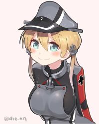 Rule 34 | 1girl, ahenn, aqua eyes, blonde hair, breasts, hair between eyes, hat, kantai collection, large breasts, long hair, long sleeves, low twintails, military, military hat, military uniform, peaked cap, pink background, prinz eugen (kancolle), simple background, smile, solo, twintails, twitter username, uniform, upper body