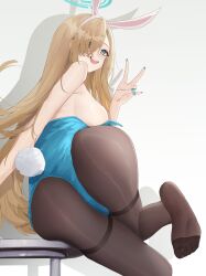 Rule 34 | 1girl, absurdres, animal ears, ar-gand, ass, asuna (blue archive), asuna (bunny) (blue archive), black pantyhose, blue archive, blue eyes, blue halo, blue nails, breasts, fake animal ears, fake tail, hair over one eye, halo, highres, large breasts, leotard, light brown hair, looking at viewer, nail polish, official alternate costume, open mouth, pantyhose, playboy bunny, rabbit ears, rabbit tail, sideboob, smile, solo, tail, white background