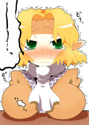 Rule 34 | 1girl, 221 (tsutsuichi), black shirt, blonde hair, blush, breasts, brown jacket, closed mouth, commentary request, cursor, green eyes, impossible clothes, impossible jacket, jacket, large breasts, looking at viewer, mizuhashi parsee, multicolored clothes, multicolored jacket, nose blush, parted bangs, pointy ears, scarf, shirt, short hair, simple background, solo, touhou, trembling, upper body, white background, white scarf