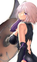Rule 34 | 1girl, arm at side, ass, back, bare shoulders, black bodysuit, black gloves, blurry, bodysuit, bokeh, breasts, closed mouth, commentary request, cowboy shot, depth of field, elbow gloves, fate/grand order, fate (series), from side, gloves, gorget, hair between eyes, halterneck, hand in own hair, hand up, large breasts, leotard, looking at viewer, looking back, mash kyrielight, md5 mismatch, multicolored clothes, multicolored gloves, parted bangs, pekoneko, pink hair, purple gloves, resolution mismatch, revision, shield, short hair, simple background, smile, solo, source larger, standing, white background