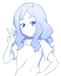 Rule 34 | 10s, 1girl, blue theme, blush, child, darling in the franxx, hand on own hip, long hair, monochrome, nana (darling in the franxx), shirt, short sleeves, simple background, smile, solo, t-shirt, v, viperxtr, white background, aged down