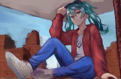 Rule 34 | 1girl, blue eyes, blue hair, blue pants, brick wall, broken wall, closed mouth, commentary request, expressionless, eyewear on head, flat chest, full body, hatsune miku, jacket, long hair, long sleeves, looking at viewer, matsubara tsuyoshi, pants, red jacket, shirt, shoes, sitting, sneakers, solo, suna no wakusei (vocaloid), sunglasses, twintails, vocaloid, white footwear, white shirt