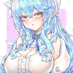 Rule 34 | 1girl, :o, blue hair, blush, breasts, cleavage, close-up, dated, elf, half updo, hololive, kupa (jesterwii), large breasts, long pointy ears, looking at viewer, open mouth, pointy ears, solo, virtual youtuber, yellow eyes, yukihana lamy