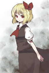 Rule 34 | 1girl, blonde hair, bow, embodiment of scarlet devil, expressionless, female focus, gradient background, hair bow, kintaro, profile, red eyes, rumia, short hair, solo, touhou