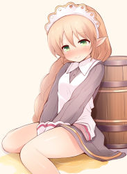 Rule 34 | 1girl, apron, barrel, between legs, blush, braid, breasts, brown background, character request, closed mouth, collared dress, dress, elf, green eyes, grey dress, hair between eyes, hand between legs, highres, iris mysteria!, light brown hair, long hair, long sleeves, nose blush, pee, peeing, peeing self, pointy ears, sitting, small breasts, solo, tears, very long hair, wariza, wavy mouth, white apron, yuu (yumezakura)