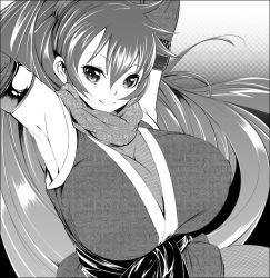 Rule 34 | armpits, breasts, cleavage, elbow gloves, fishnets, gloves, greyscale, huge breasts, ichimatsu akebi, japanese clothes, long hair, monochrome, ninja, scarf, smile, solo
