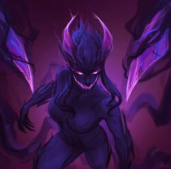 Rule 34 | 1girl, artist name, black bodysuit, black skin, bodysuit, breasts, claws, colored sclera, colored skin, evelynn (league of legends), glowing, glowing eyes, glowing mouth, gradient background, highres, horns, league of legends, long hair, looking at viewer, medium breasts, noctysart, pink background, pink sclera, sidelocks, solo, tentacles, white eyes