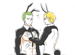 Rule 34 | 2boys, abs, alternate costume, animal ears, bare pectorals, between pectorals, blank eyes, blonde hair, cropped jacket, green hair, groping, long sideburns, male focus, male playboy bunny, meme attire, multiple boys, necktie, necktie between pectorals, one piece, pectorals, rabbit ears, rabbit tail, reverse bunnysuit, reverse outfit, roronoa zoro, sanji (one piece), short hair, shrug (clothing), sideburns, staring, tail, taro (honyarara00), toned, toned male, translation request