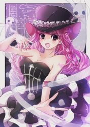 Rule 34 | 1girl, arm tattoo, black eyes, blunt bangs, braided sidelock, commentary, dress, flower, frilled dress, frills, ghost, half updo, hat, highres, long hair, nana22 mm, one piece, perona, pink hair, pink nails, rose, smile, solo, strapless, strapless dress, tattoo, tongue, tongue out, top hat, watch, white flower, white rose, wristwatch