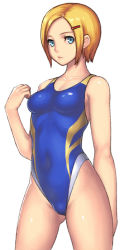 Rule 34 | 1girl, bare shoulders, blonde hair, blue eyes, collarbone, competition swimsuit, covered navel, hair ornament, hairclip, katagiri (a1466502), one-piece swimsuit, original, parted bangs, short hair, simple background, solo, swimsuit, white background