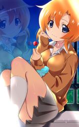 Rule 34 | 1girl, absurdres, black skirt, blue eyes, blue scrunchie, blush, breasts, brown sweater, candy, closed mouth, collarbone, collared shirt, commentary request, fingernails, food, hair between eyes, hands up, happy, highres, higurashi no naku koro ni, holding, holding candy, holding food, holding lollipop, indoors, jewelry, kneehighs, lens flare, lollipop, long sleeves, looking at viewer, mashimaro tabetai, nail polish, necklace, orange hair, pink nails, reflection, ryuuguu rena, scrunchie, shirt, short hair, sitting, skirt, sleeves past wrists, socks, solo, sweater, white shirt, white socks, window, wrist scrunchie