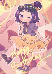 Rule 34 | 1girl, ;), alternate costume, birthday cake, blush, cake, chinese commentary, closed mouth, commentary request, dress, eyewear on head, food, fruit, fukaro, full body, hand up, happy birthday, highres, jacket, looking at viewer, ojamajo doremi, one eye closed, one side up, purple eyes, purple hair, purple jacket, segawa onpu, shoes, short hair, short sleeves, smile, solo, standing, strawberry, sunglasses, yellow dress
