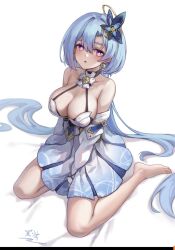 Rule 34 | 1girl, aged up, bare shoulders, barefoot, blue hair, breasts, cleavage, commentary request, detached sleeves, dress, griseo, griseo (cosmic expression), highres, honkai (series), honkai impact 3rd, large breasts, long hair, long sleeves, looking at viewer, parted lips, pleated dress, purple eyes, short dress, short sleeves, simple background, sitting, sleeveless, sleeveless dress, solo, very long hair, wariza, white background, white dress, yelan xing xuan