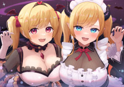 Rule 34 | 2girls, :d, animal ears, bear ears, blonde hair, blush, breast press, breasts, center frills, choker, cleavage, detached sleeves, fangs, frilled choker, frills, halloween, head wings, highres, hololive, large breasts, looking at viewer, maid, maid headdress, multiple girls, official alternate costume, open mouth, red eyes, see-through, see-through cleavage, see-through sleeves, skin fangs, smile, swept bangs, tiara, twintails, typho, upper body, virtual youtuber, wings, yozora mel, yuzuki choco, yuzuki choco (maid)