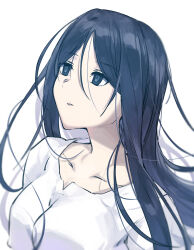 Rule 34 | 1girl, blouse, blue eyes, blue hair, character name, collarbone, commentary request, dark blue hair, expressionless, hair between eyes, highres, kara no kyoukai, long hair, looking up, messy hair, parted lips, shigure (shigure 43), shirt, sidelocks, simple background, solo, type-moon, very long hair, white background, white shirt